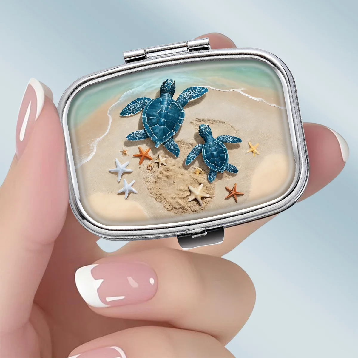 1PC compact 2-compartment square metal pill box, designed with a fresh seaside scene of a sea turtle, portable decorative vitamin storage box, or a unique gift for a wallet