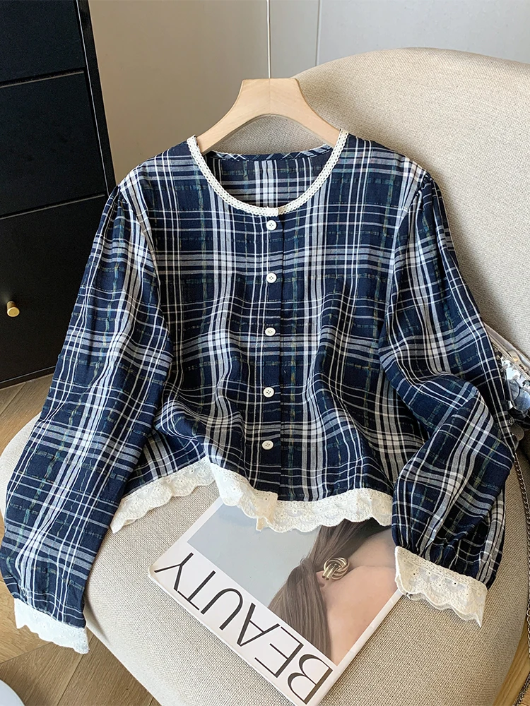 

Women's Navy O-Neck Plaid Shirts and Blouses Y2k Vintage Korean Harajuku 2000s Elegant Long Sleeve Shirt Trashy Cutecore Clothes