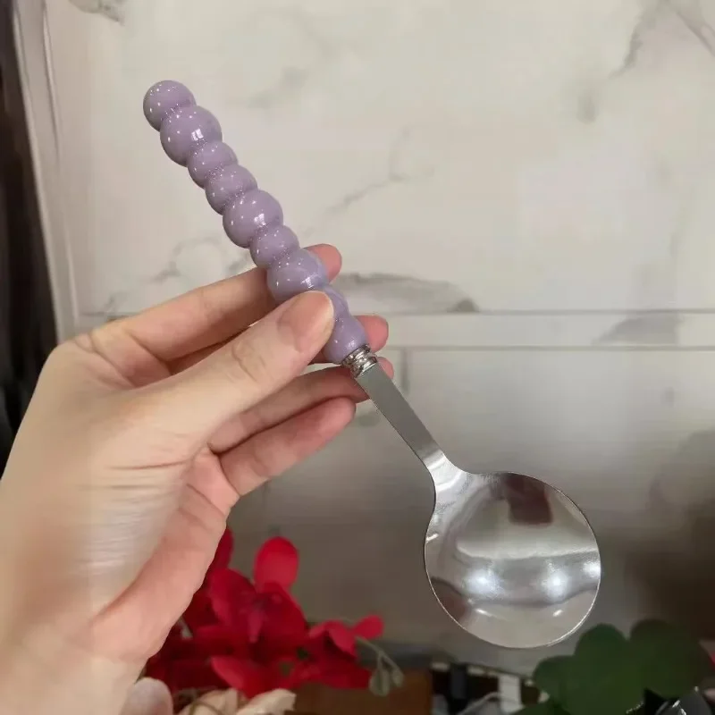 

Pearl Stainless Steel Spoon Plastic Handle Girlish Heart Household Dining Long Handled Small Soup Spoon Kitchen Accessories