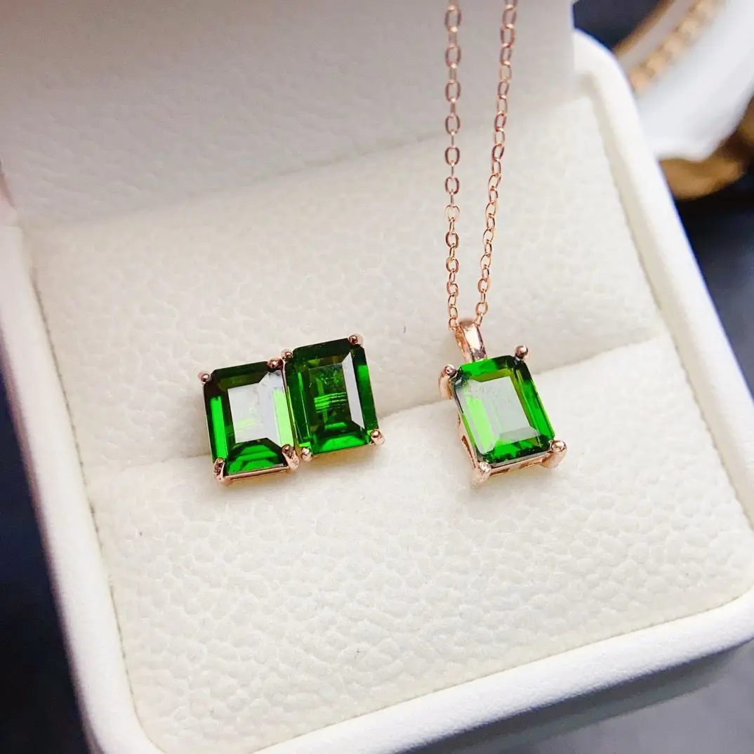 

ZECAA Diopside Pendant Earrings Jewelry Sets For Woman With Natural Diopside Gemstone 6*8mm Pendant Earrings Jewelry Sets