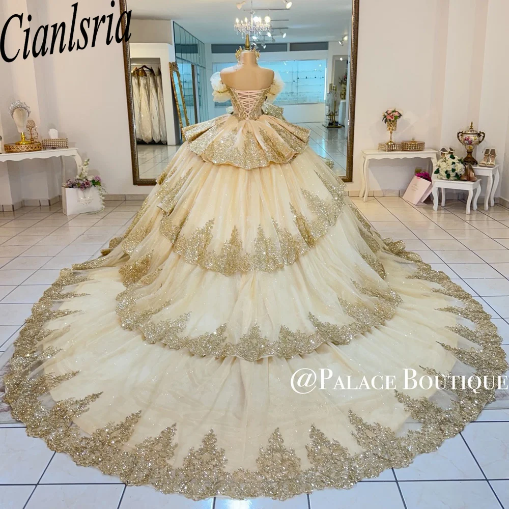 Champagne Gold Quinceanera Dress with Heavy Beaded Lace Off Shoulder Corset Ball Gown Sweet 16 Dress Vestidos De XV Años Mexico