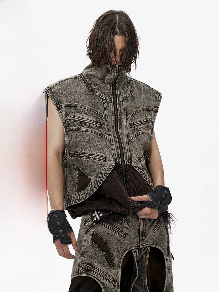 

Start Exceed End American Retro Stand Collar Patchwork Denim Vest Jaet Men Summer Zipper Svel oulder Pad