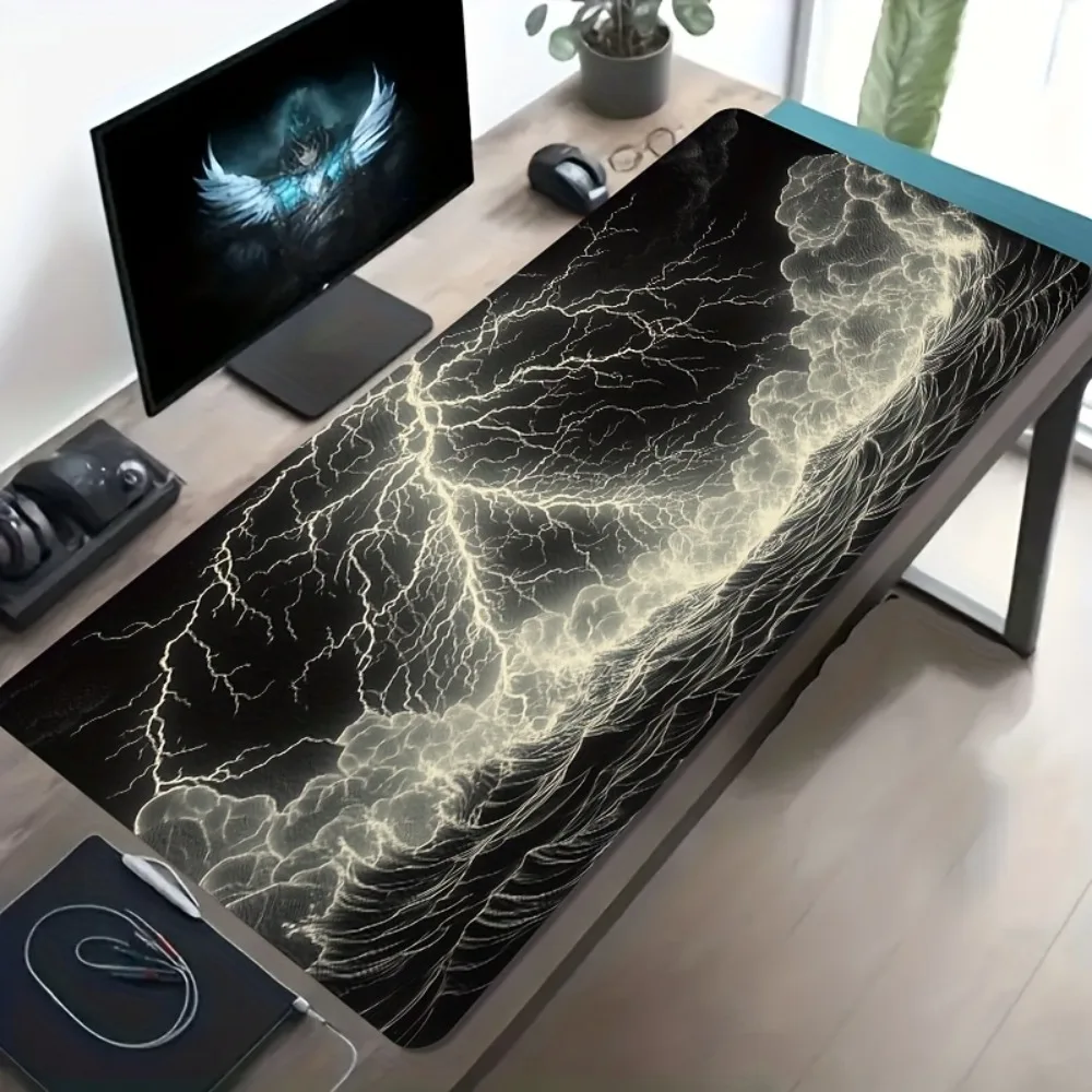 

Gothic Lightning & Cloud Large Desk Mat, Black & Gold Lightning Storm Extended Gaming Mouse Pad
