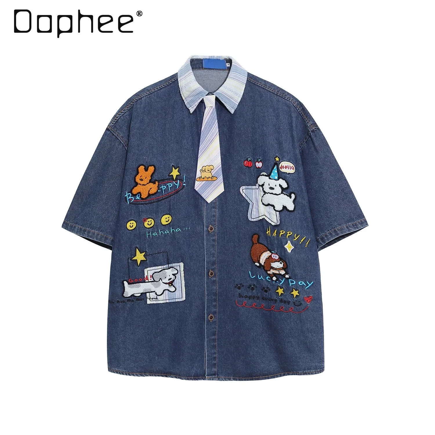 Summer New American Retro Style Men's Fun Cartoon Puppy Embroidered Tie Loose Casual Blue Denim Short Sleeve Shirt
