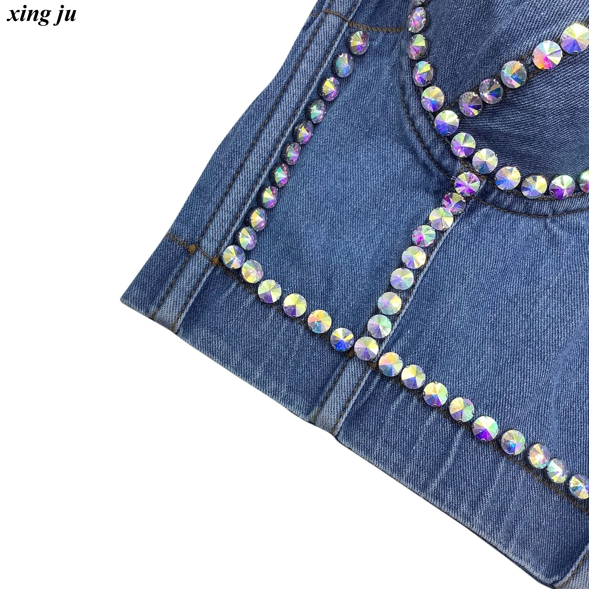 Xing Ju Nachtclub Sexy Denim Fishbone Sling Tops Jazzdans Backless Diamanten Klinknagels Korte Vest Vrouwen Stage Performance Kleding