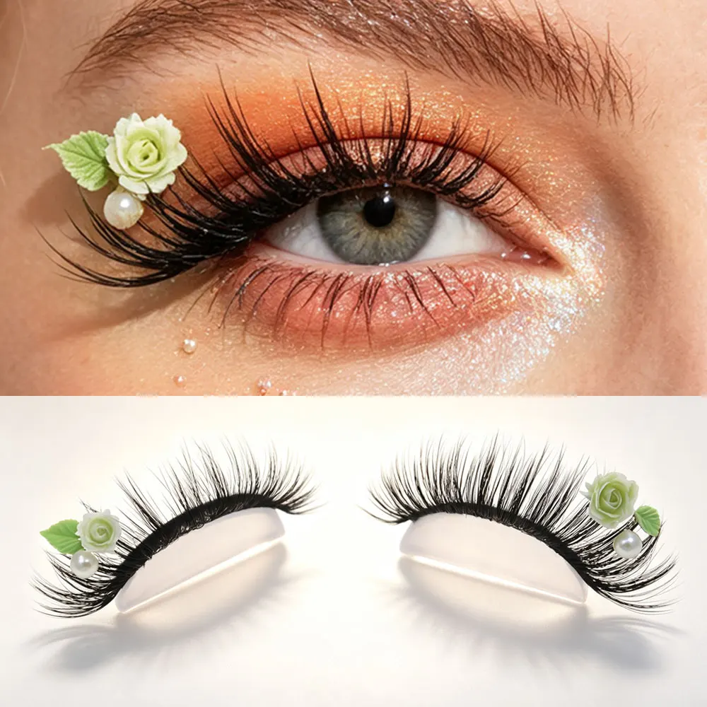 Spring Flowers, Green Roses, Fake Eyelashes, Dramatic Leaves, Pearls, Fake Eyelashes, Daily Party Makeup Essentials