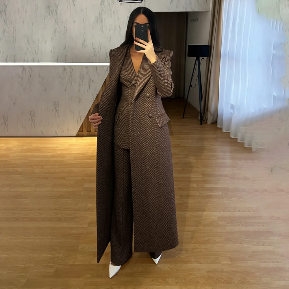 Formal Double Breasted Women's Suits 3 Piece Jacket Pants Vest High Quality Long Trench Tweed Blazer Luxury Female Clothing