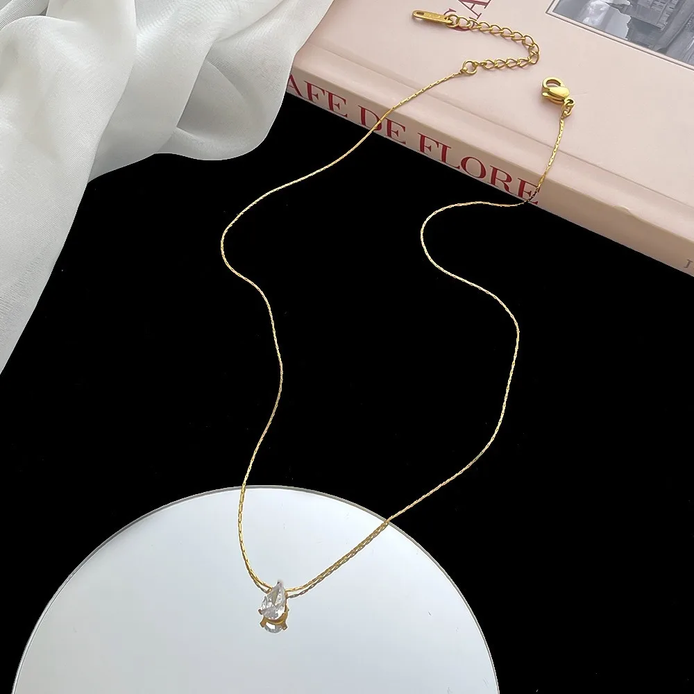 Stainless Steel Classic Gold Color Water Drop Zircon Pendant Necklace for Women Temperament Korea Chokers Jewelry Gift Colorfast