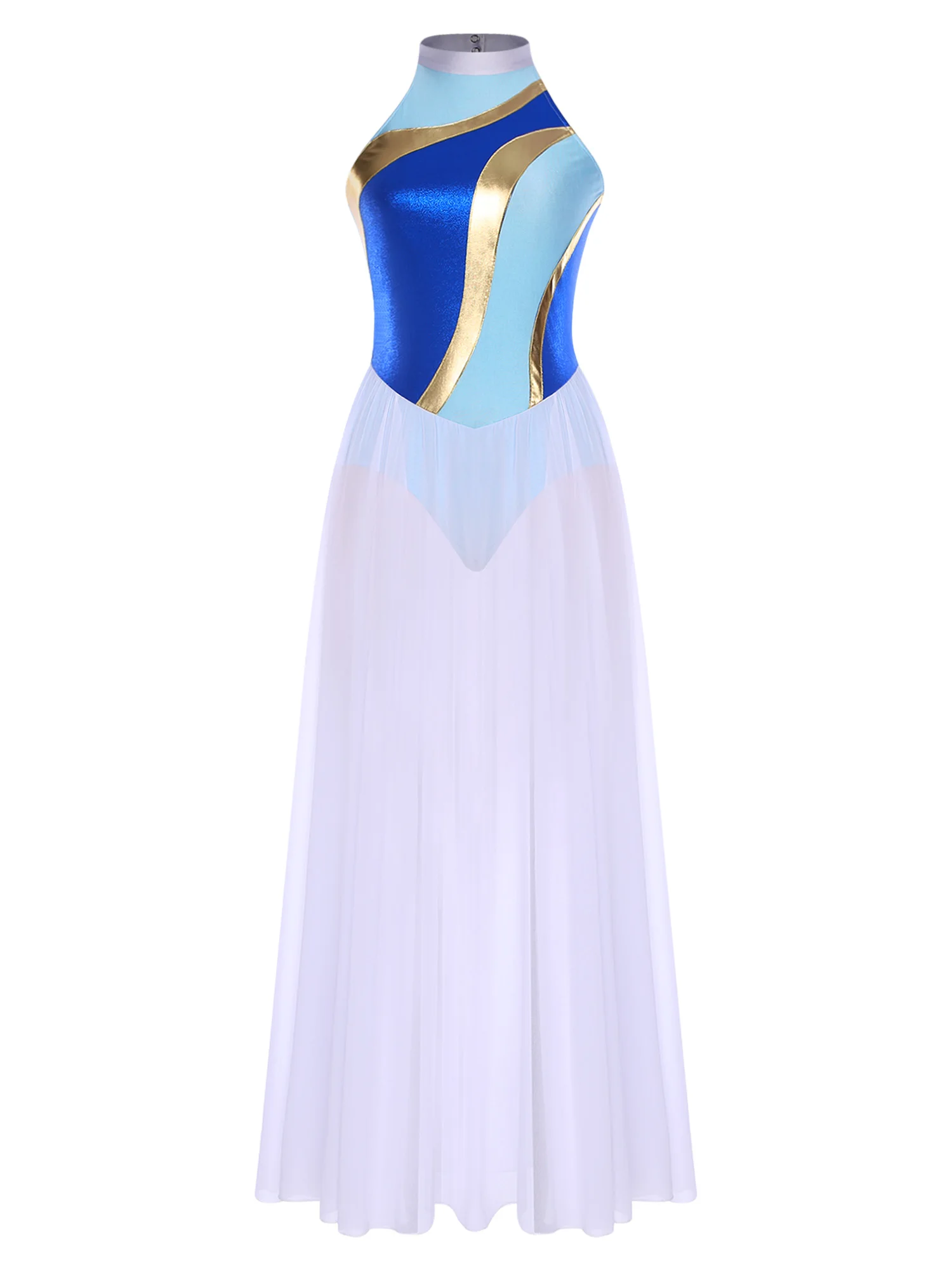 

Women Shiny Patchwork Modern Contemporary Dance Dress Sleeveless Flowing Overlay Chiffon Long Skirt for Banquet Party Uniforms