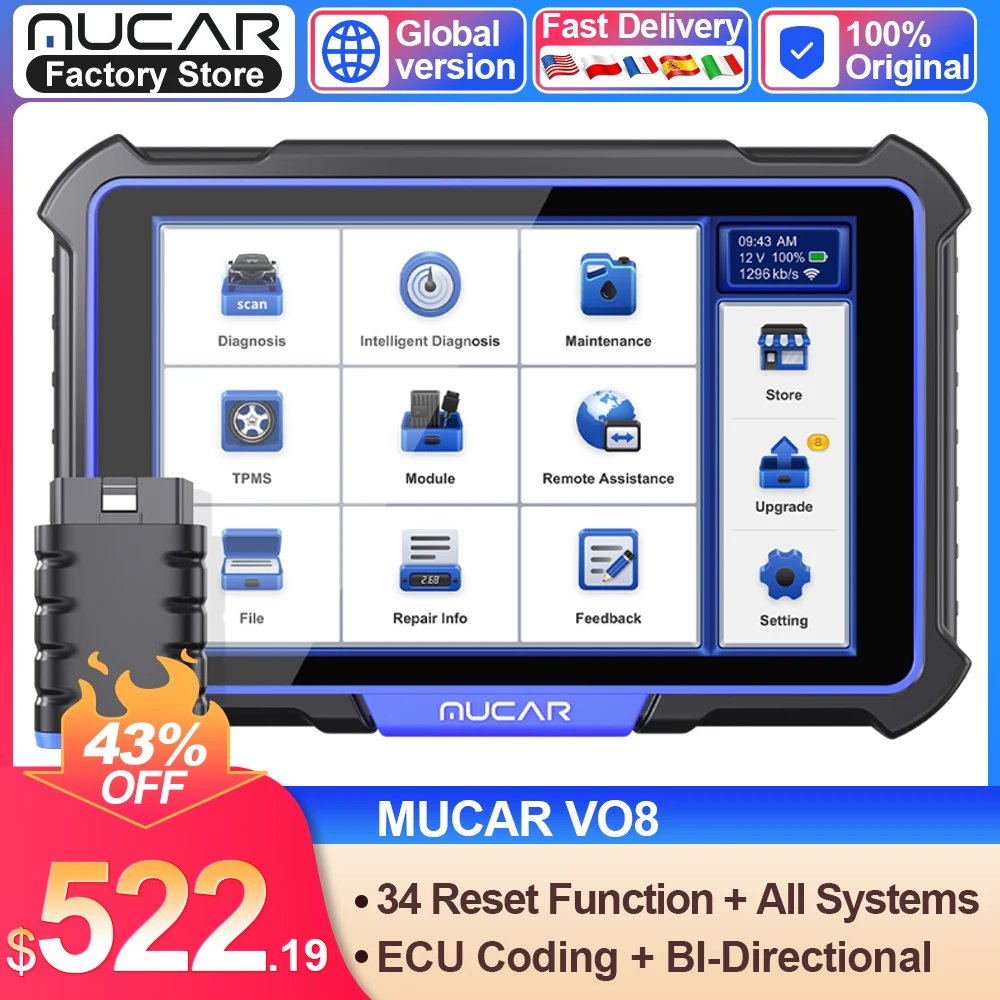 MUCAR VO8 Professional OBD2 Diagnostic Tool Full System Scan Tool 34 Resets Car Scanner ECU Coding Active Test Code Reader 64GB