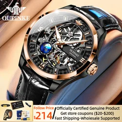 OUPINKE Men's Automatic Mechanical Watch Skeleton Design 50M Waterproof Sapphire Mirror Leather Strap Male Watches 3268