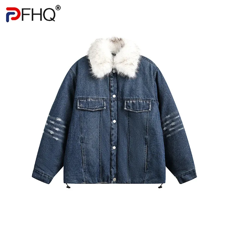 PFHQ Men's Padded Jackets Detachable Korean Style Fur Collar Laple Single Breasted Worn-out Solid Color Casual Male Coat CPG2197