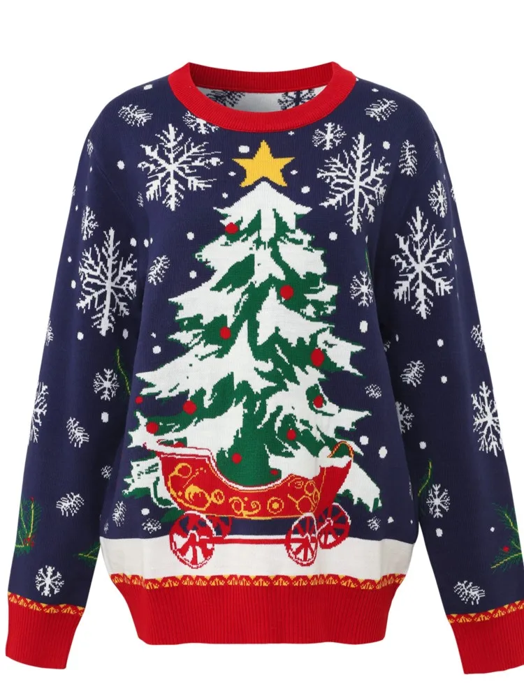 

Casual Christmas Knit Sweater For Women Fashion Print O Neck Long Seeve Pullovers Sweaters Tops Lady Holiday Womens Clothing New
