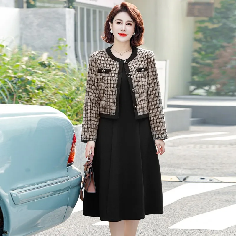 Spring Fashion Vintage Plaid Dress Sets for Women Two Piece Jacket and Pencil Skirt Suit Office Lady Outfit