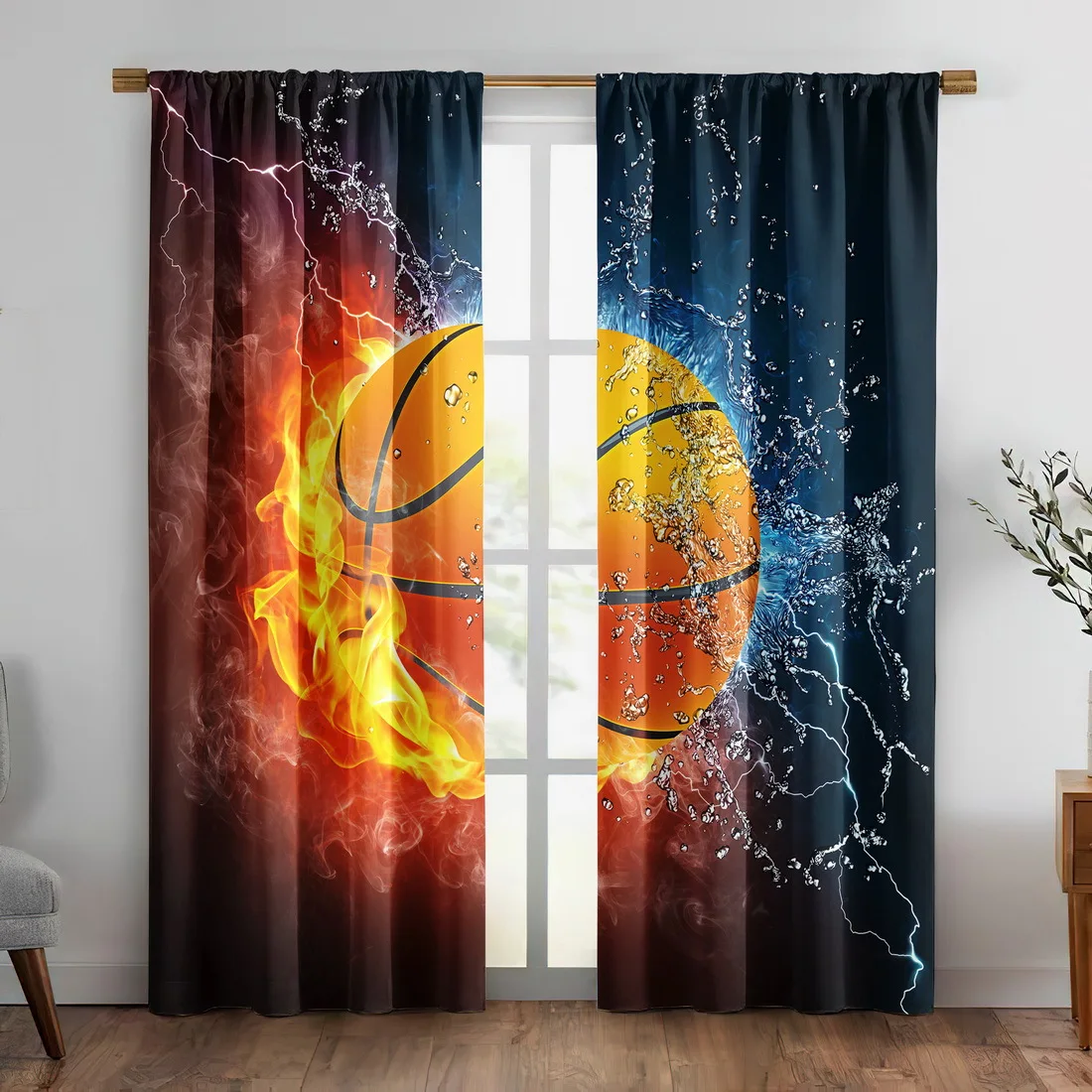 2pcs Fire Water Basketball Print Curtains Sport Theme Polyester Window Drapes for Kids Room Game Room Dynamic Home Decor