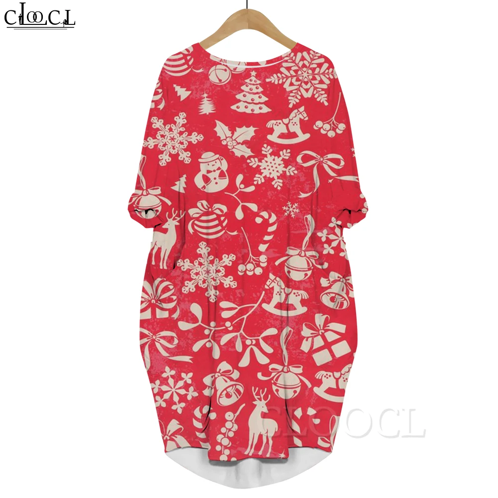 CLOOCL Christmas Long Sleeves Red Dress Crystals Snowflake Graphics 3D Printed Comfortable Pocket Dresses Fashion Robe Dress