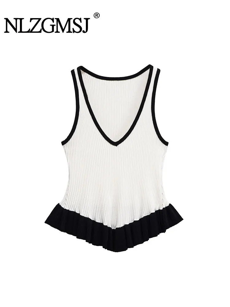 

Короткие вязаные топы с рюшами и украшением, модные топы без рукавов для женщин, элегантный однотонный жилет с v-образным вырезом, новая повседневная уличная одежда