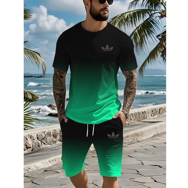 2024 Urban Street Fashion Trend Men's Round Neck Short Sleeve Set Outdoor Casual Simple Printed Men's Top Outdoor Casual Shorts