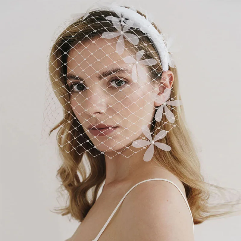 White Birdcage Veil Fascinators Wedding Veils Headband for Bridal Face Net Mask Hair Jewelry Accessories Pierce the Veil Bride