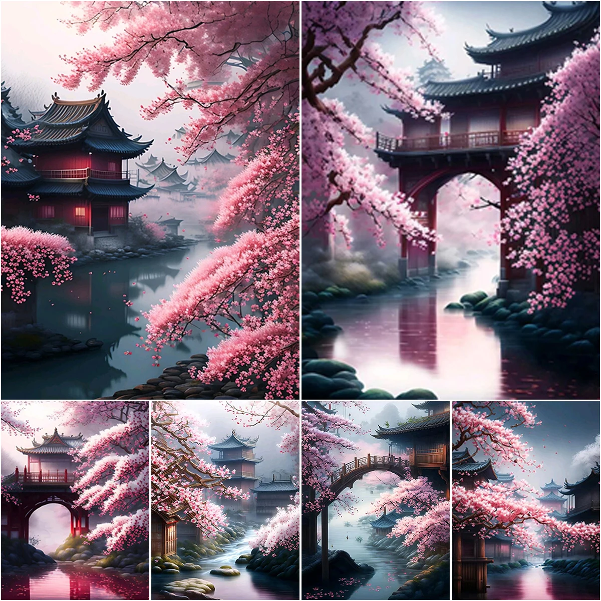 Paysage de fleur de pesca بافيلون شخصية bricolage perceuse كاملة الماس peinture ديكور الماس rond فسيفساء p