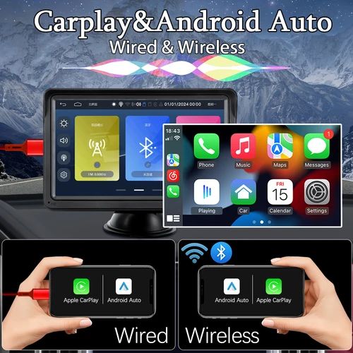 Imagen 2 del producto Radio de coche inalámbrico CarPlay Android Auto reproductor de vídeo Multimedia pantalla táctil portátil de 7 pulgadas con USB AUX para cámara de visión trasera