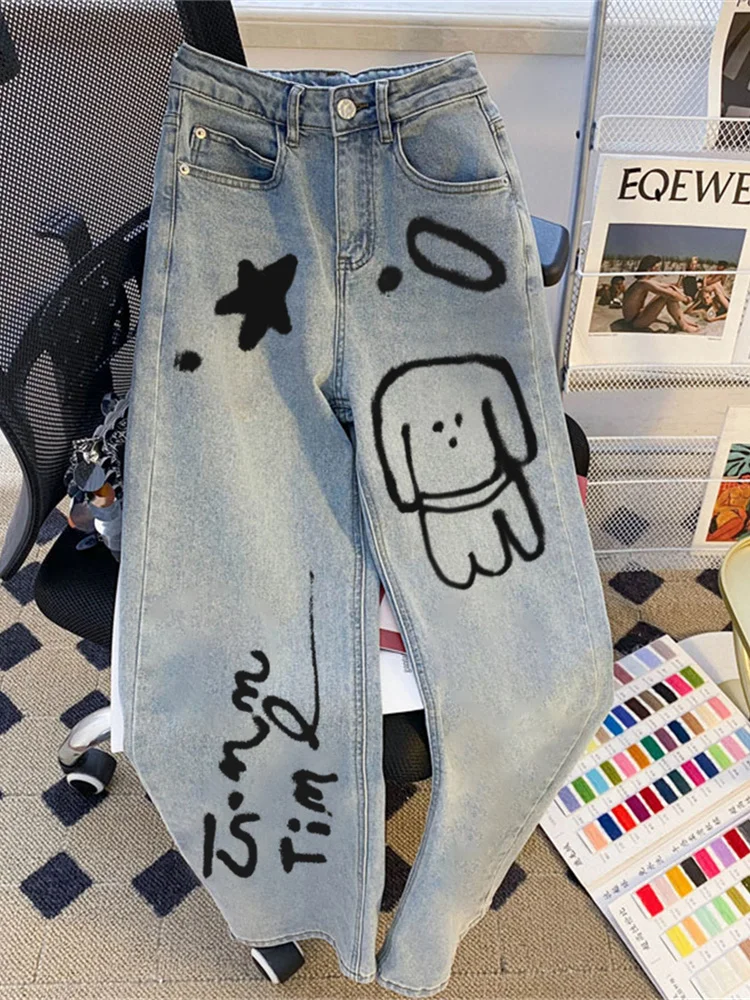 

Retro American Graffiti Dog Print High Waist Wide Leg Jeans Women's Spring Autumn Loose Straight Cut Trousers Street Style
