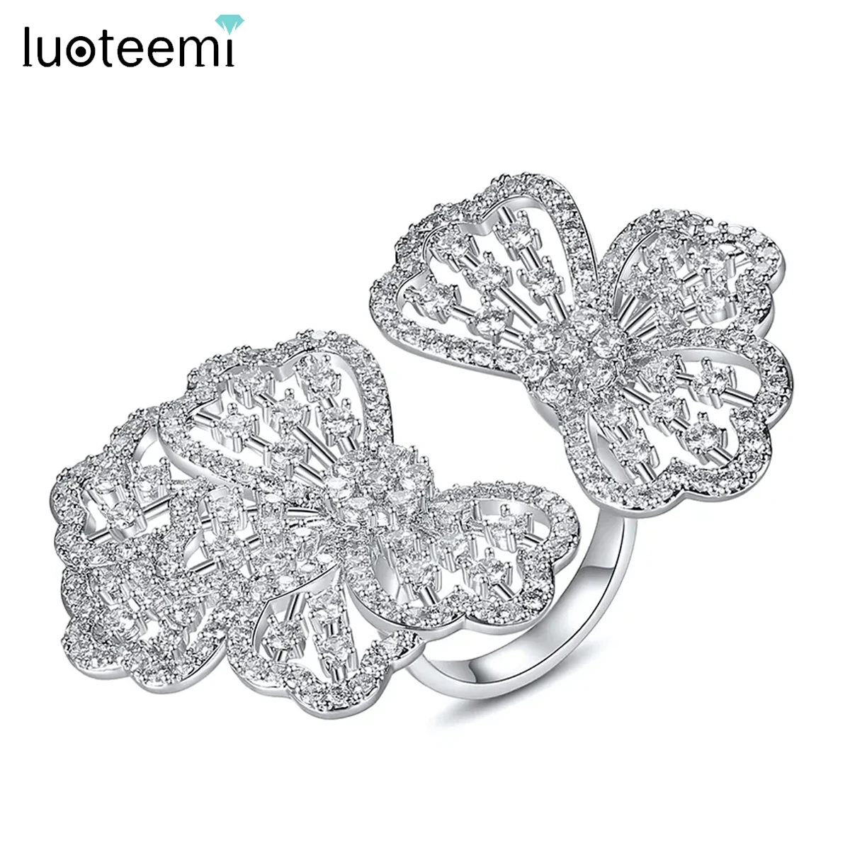 LUOTEEMI Elegant Multiple Cubic Zirconia Finger Rings High Quality Adjustable Graceful Jewelry for Women Bridal Flower Accessory