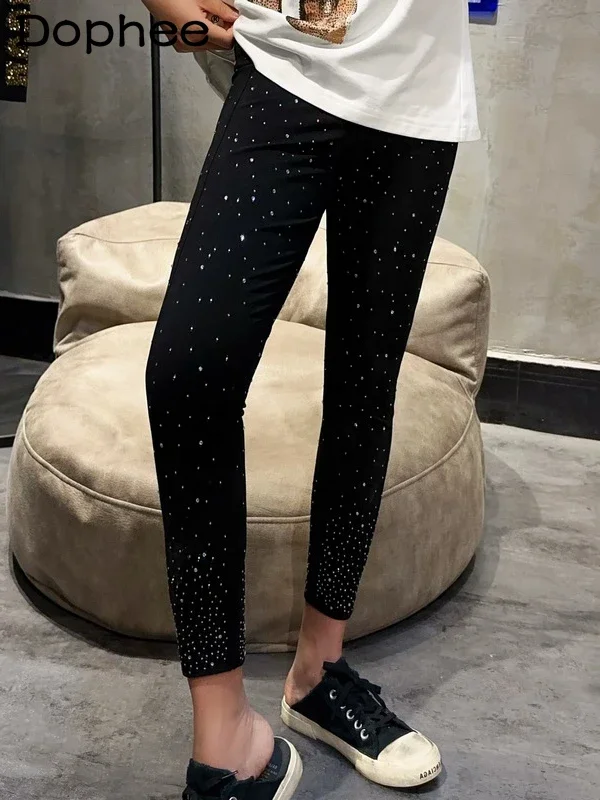 Trendy Brand Elastic Tight Pants Versatile Personalized Shark Pants 2024 Spring Autumn Black Pants Hot Diamond Leggings Women