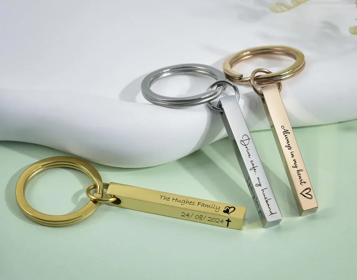 Personalized bar key chain Drive Safe Key rings Custom Engraved gift for Dad Husband Mom Family Stainless Steel Jewelry