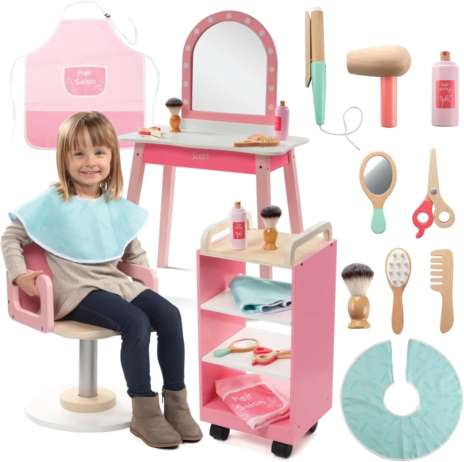 Salon Wooden Play Set- Full Vanity Mirror w Chair & Rolling Cart- Includes Blow Dryer, Brush, Styling, Cutting Tools - Girl