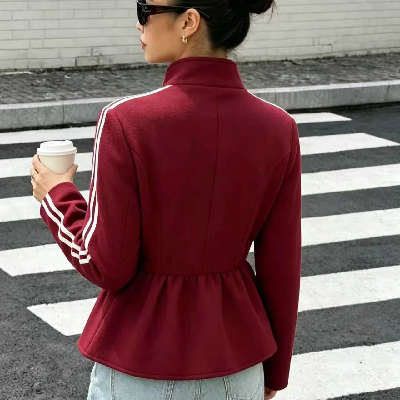 Women Chinese Style Frog Button Stand Collar Jacket, Wine Red Striped Long Sleeve Peplum Hem Slim Fit Casual Outerwear