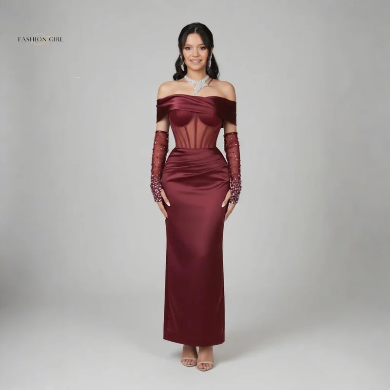Customized Wine Red Cocktail Dress 2025 Transparent Corset Element Evening Dress With Beaded Long Gloves Wedding Guest Dress