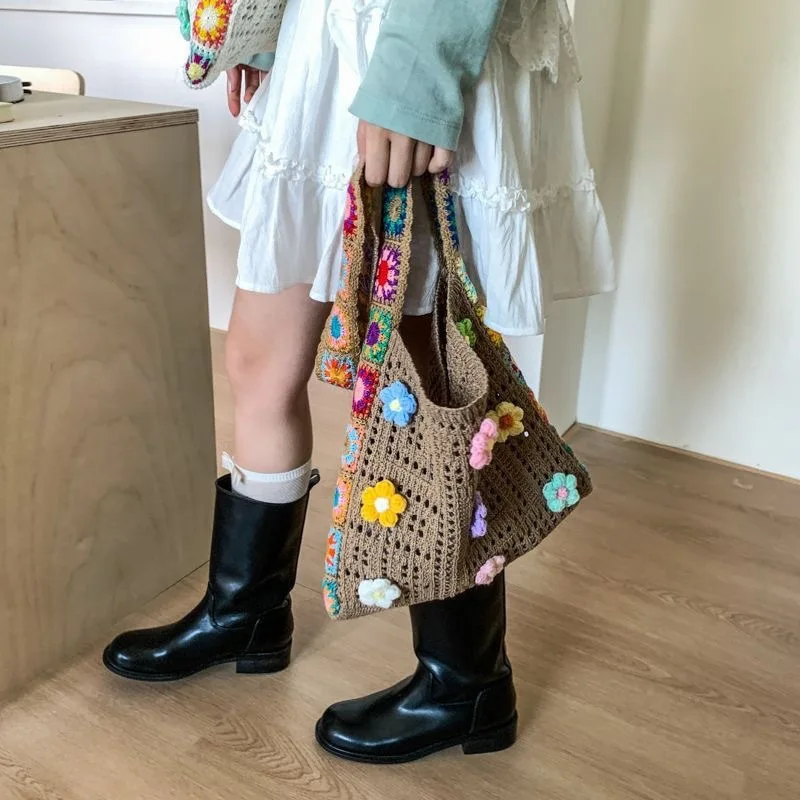 Spring and Summer Cute Flower Knitted Bag Women's New Beach Bag Seaside Vacation Wind Large-Capacity Korean Shoulder Bag