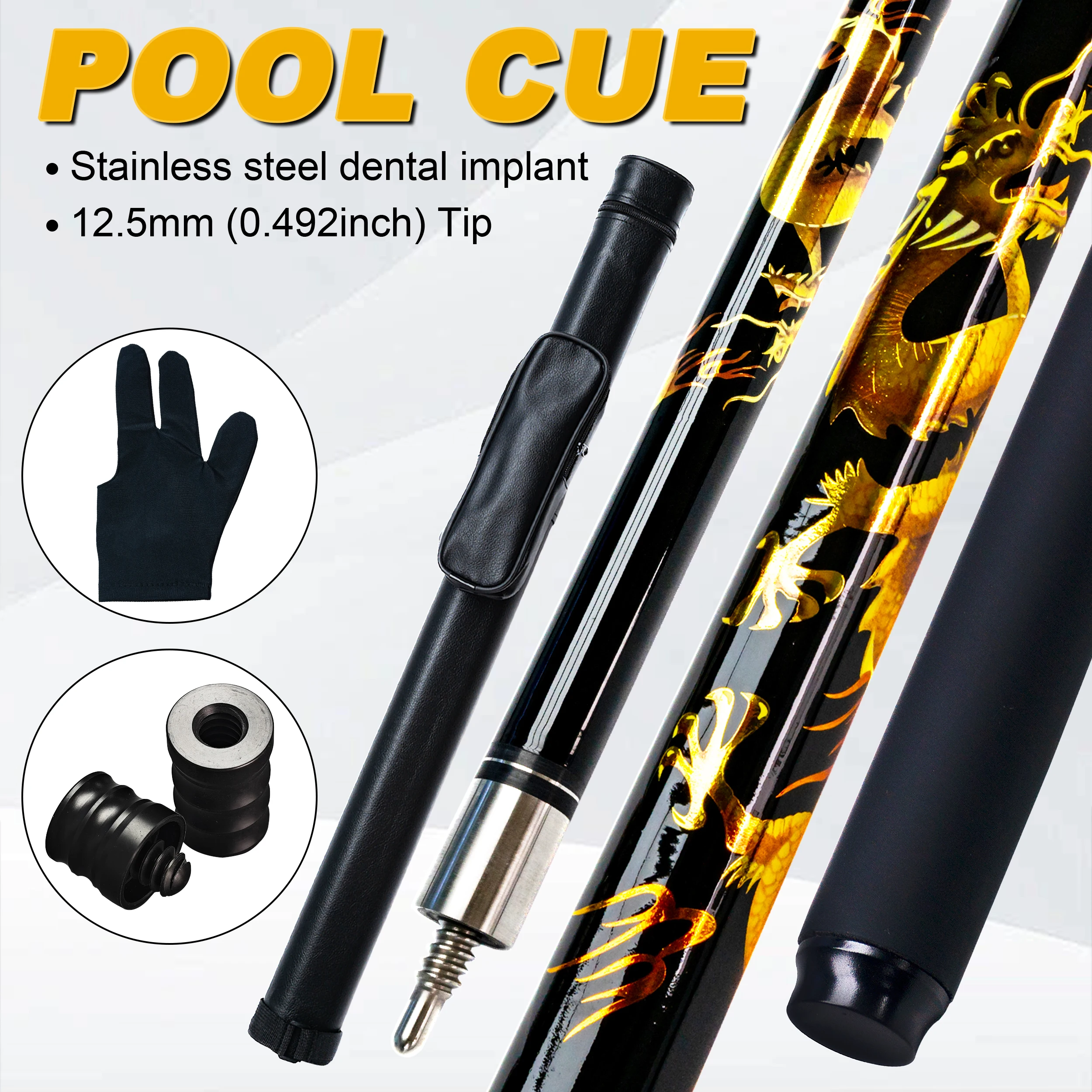 

pool cue 12.5mm Green Tip Billiard Cue with Case/Gloves, Golden Dragon Design for 3 Cushion/Snooker (Taco de Billar)