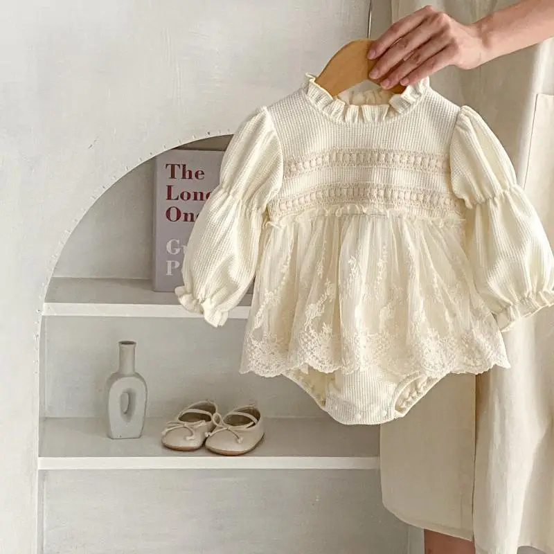Autumn Outfit Romper for Baby Girls Waffle Lace Long-Sleeve Onesie Princess Jumpsuit Comfortable and cute