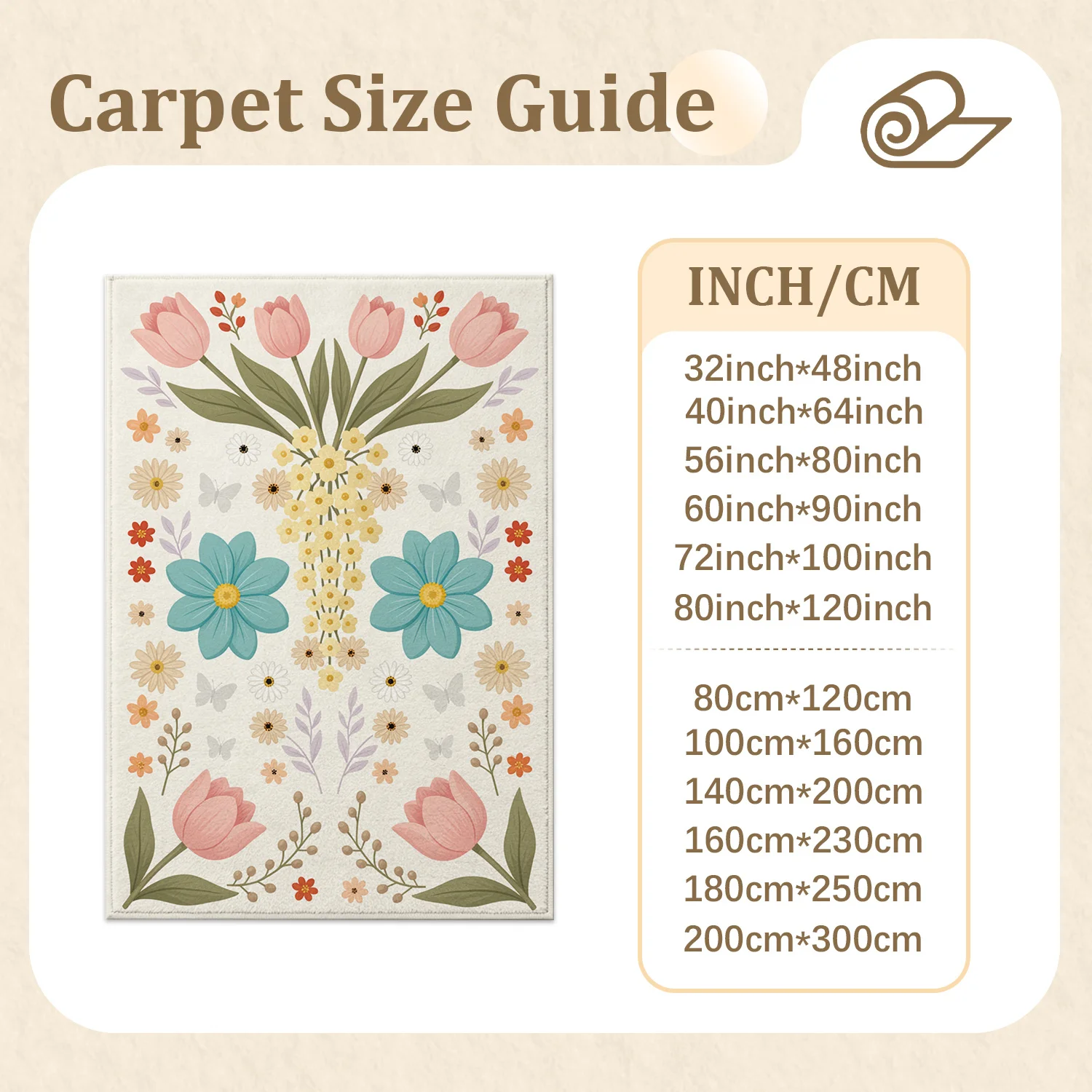 Floral Tulip Daisy Butterfly Pattern Velvet Decorative Area Rug, Machine Washable Soft Plush Floor Rug for Living Room, Bedroom, Dining Room, Ideal for Halloween, Thanksgiving, Christmas, New Year Home Decoration