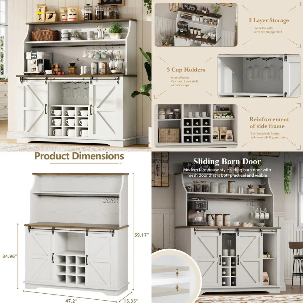 Grande armoire de bar de cuisine de 47 pouces avec rangement à 3 niveaux, supports à 9 vin et 3 supports en verre pour un style de ferme rustique