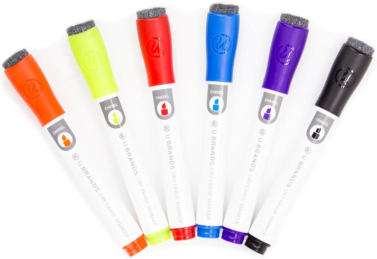 

Fine Tip Dry Erase Markers with Eraser, Chisel Tip, Low Odor, Assorted Colors, Set of 6 for Whiteboard