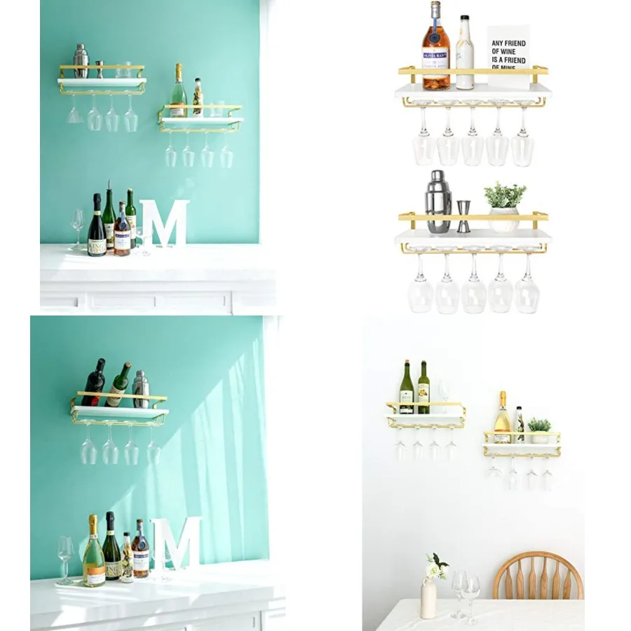 

Wall Mounted Wine Rack Set of 2 White Wood Wine Bottle Glass Holder Floating Shelves with Stemware Hanger Modern Plants Photos