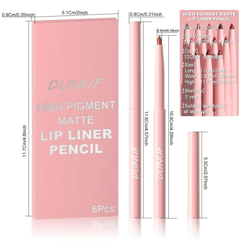 DUNUF Penna per labbra ad alto pigmento 6 pezzi Set di matite per labbra carnose in mousse opaca di velluto Liscio opaco Facile da applicare Liner per labbra girevole