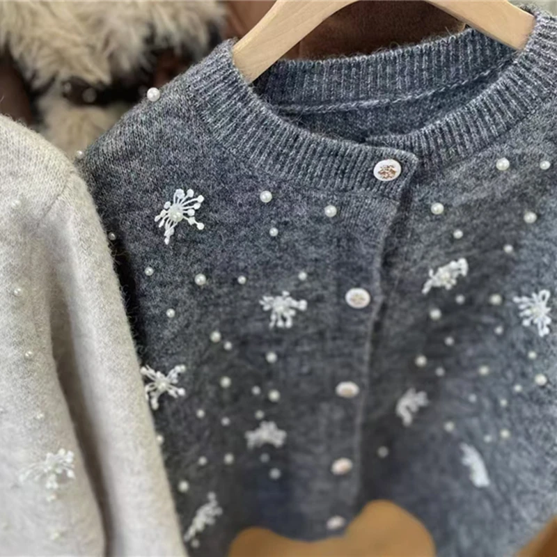 Cardigan perlé flocon de neige français pour femme, pull femme, col rond, tricots polyvalents, haut de veste, vêtements d'automne, nouveau