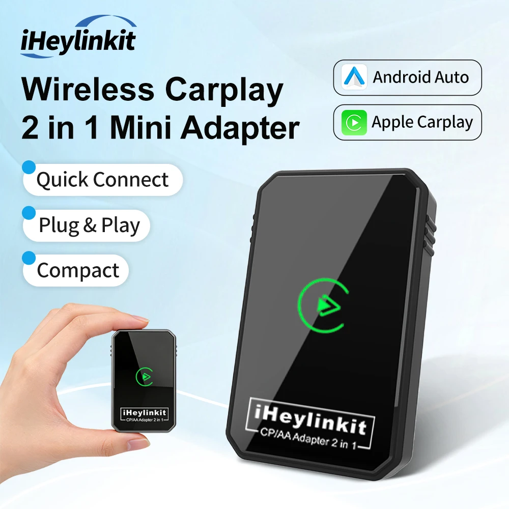 

Адаптер iHeylinkit Mini Wireless CarPlay Android Auto, умный AI-бокс, донгл, Plug&Play, автоматическое подключение по Bluetooth.
