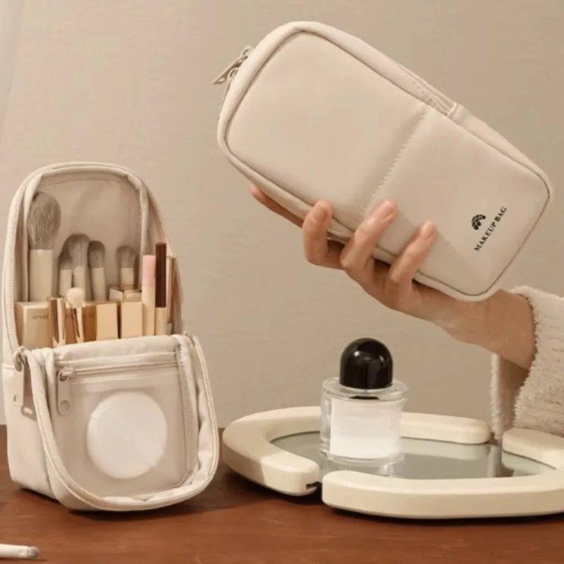 Waterproof PU Standing Makeup Brush Pouch, Multi-Compartment Travel Storage Bag
