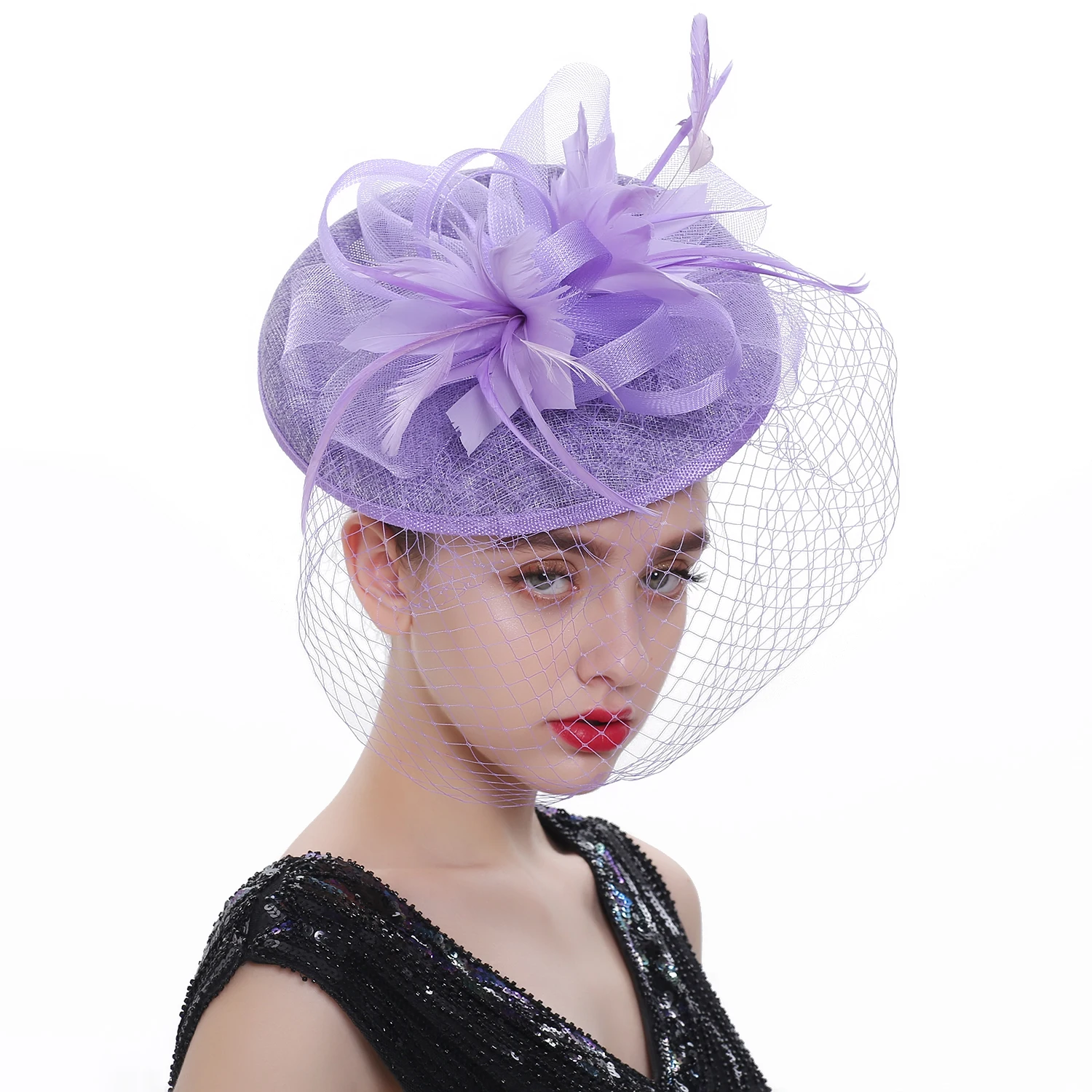 Ciężki splot Sinamay pętli welon i pióro Fascinator formalny kapelusz Kentucky Derby,Ascot, Melbourne Cup, kościół chluba