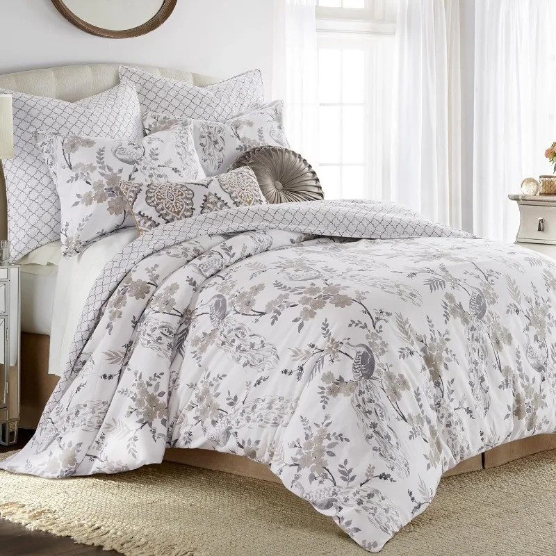 Pisa Quilt Set - Two Pillow Shams - Floral Contemporary Peacock - Grey and Taupe ， Reversible