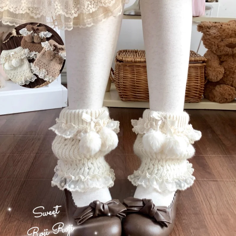 New Original Japanese Sweet Lolita Lace Fluffy Ball Socks Women Autumn Leg Warmers JK Cute Leggings Y2K Girl Lovely Pile Socks