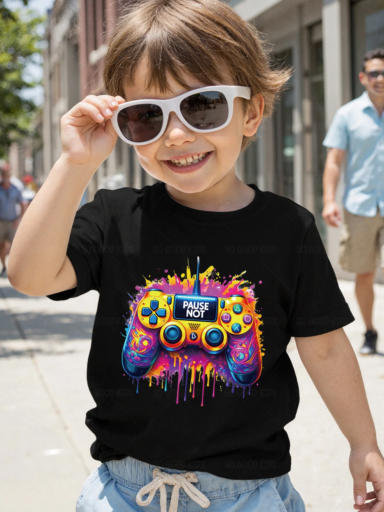 Pause Not Color Splash Game Controller Graffiti Graphic Kids T Shirt Boys Girls Family Matching Summer Crew Neck Casual Tee