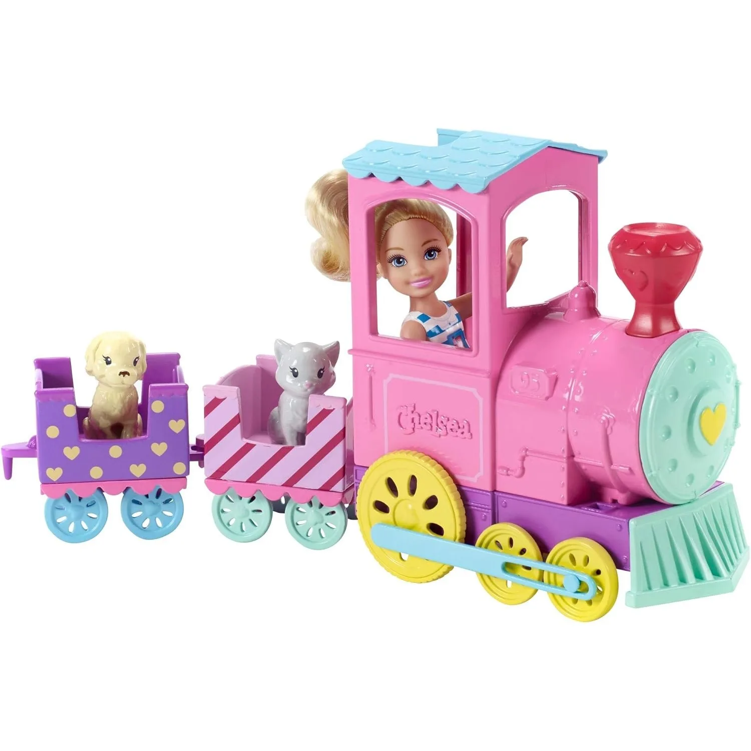 Barbied Oll Club Mini Chelsea Train Playset, 3 carros conectados Miniaturas Boneca, 1 gatinho e 1 filhote de cachorro Kids Dolls, original