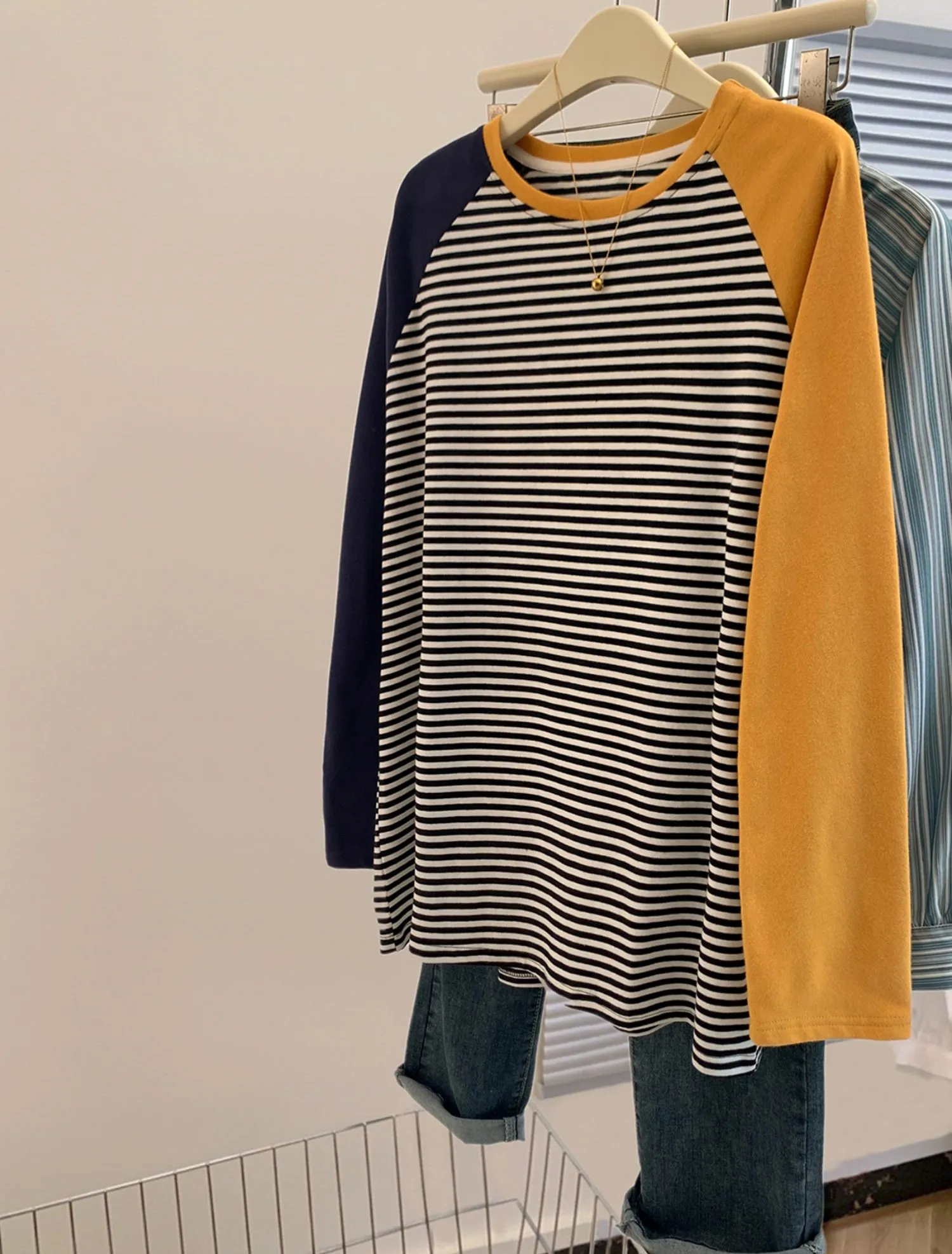 

Long Sleeved T Shirts Plain Womens Autumn Overlength Hem Stripe Cuff Drop Shoulder Minimalist Student French Chic Unique Vintage