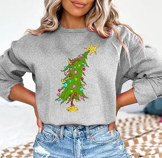 Christmas Sweatshirts for Women Cute Christmas Tree Graphic Long Sleeve Shirt Xmas Holiday Party Pullover Blouses Novelty Gift